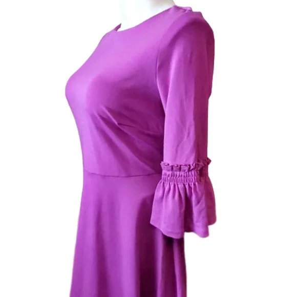 Eloquii Fit & Flare Dress 3/4 Smocked Flared Sleeve Magenta Ponte Knit Size 14 - Picture 4 of 10